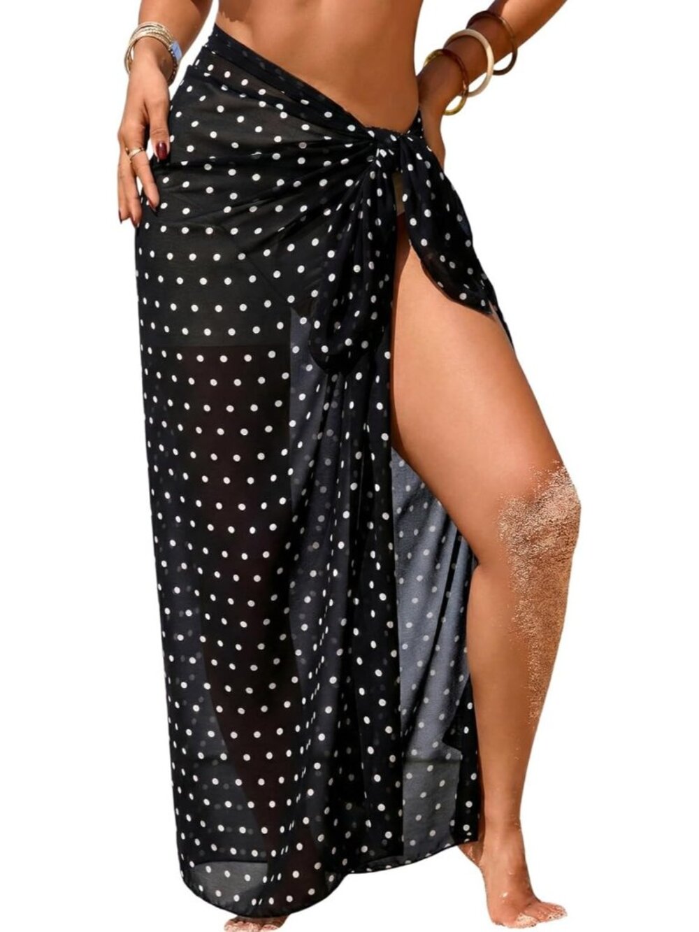 Women's Black With White Dotsswimsuit High Slit Summer Floral Print Wrap Beach